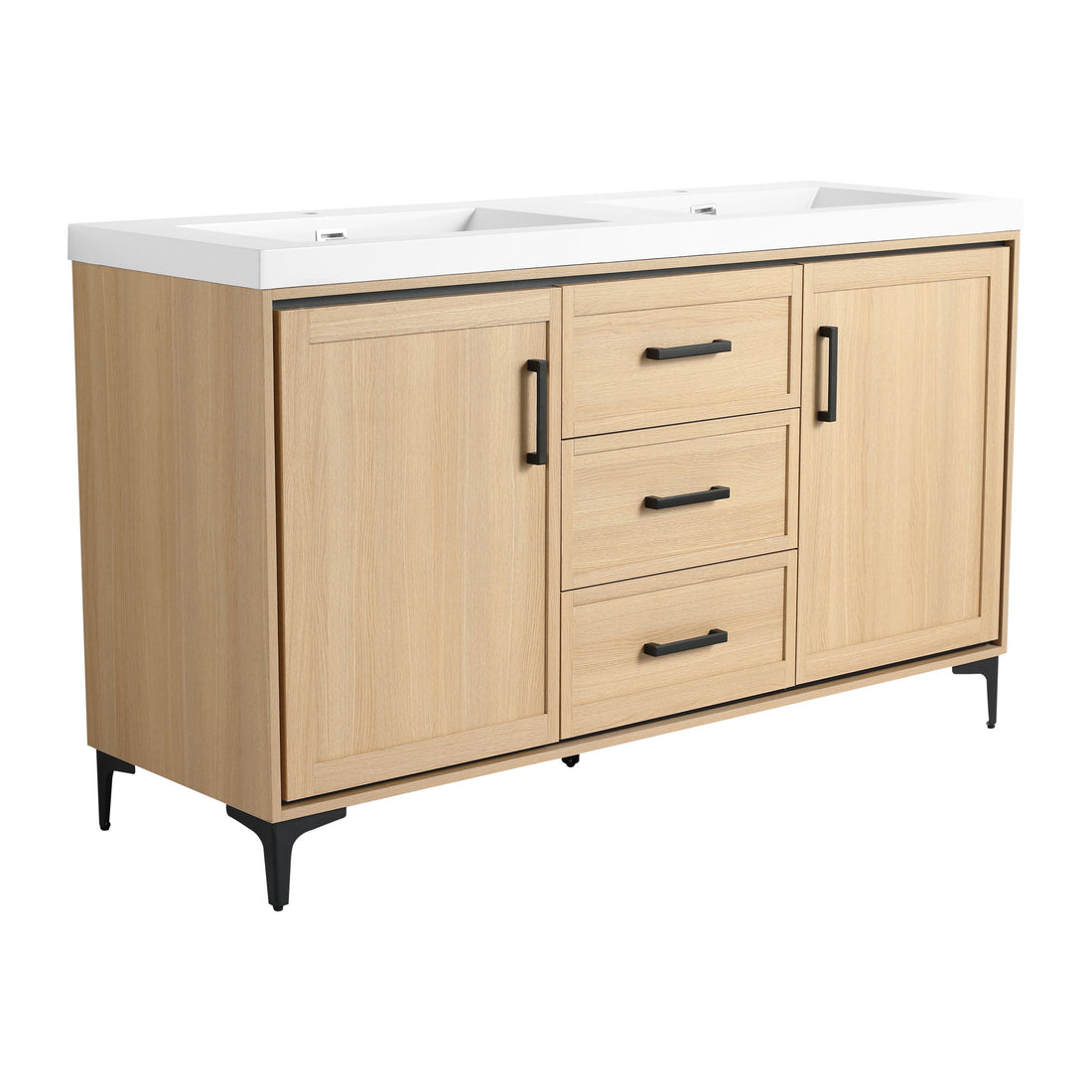 Original 60&quot; Freestanding Bathroom Vanity With Double Resin Sink Plywood Soft Closing Doors &amp; Drawers - Oak