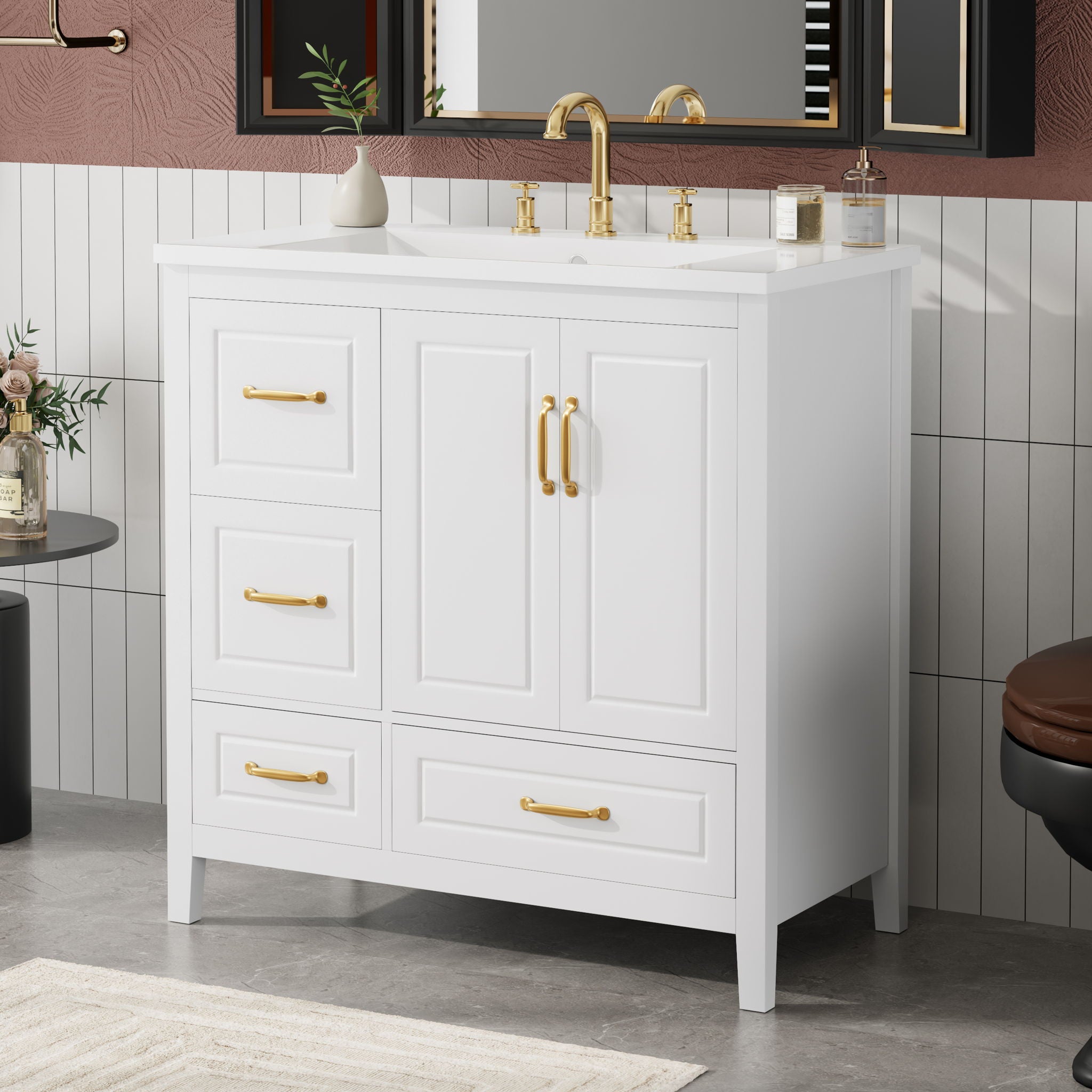 Bathroom Vanity With Sink, Soft Closing Doors &amp; Drawers, Metal Handles