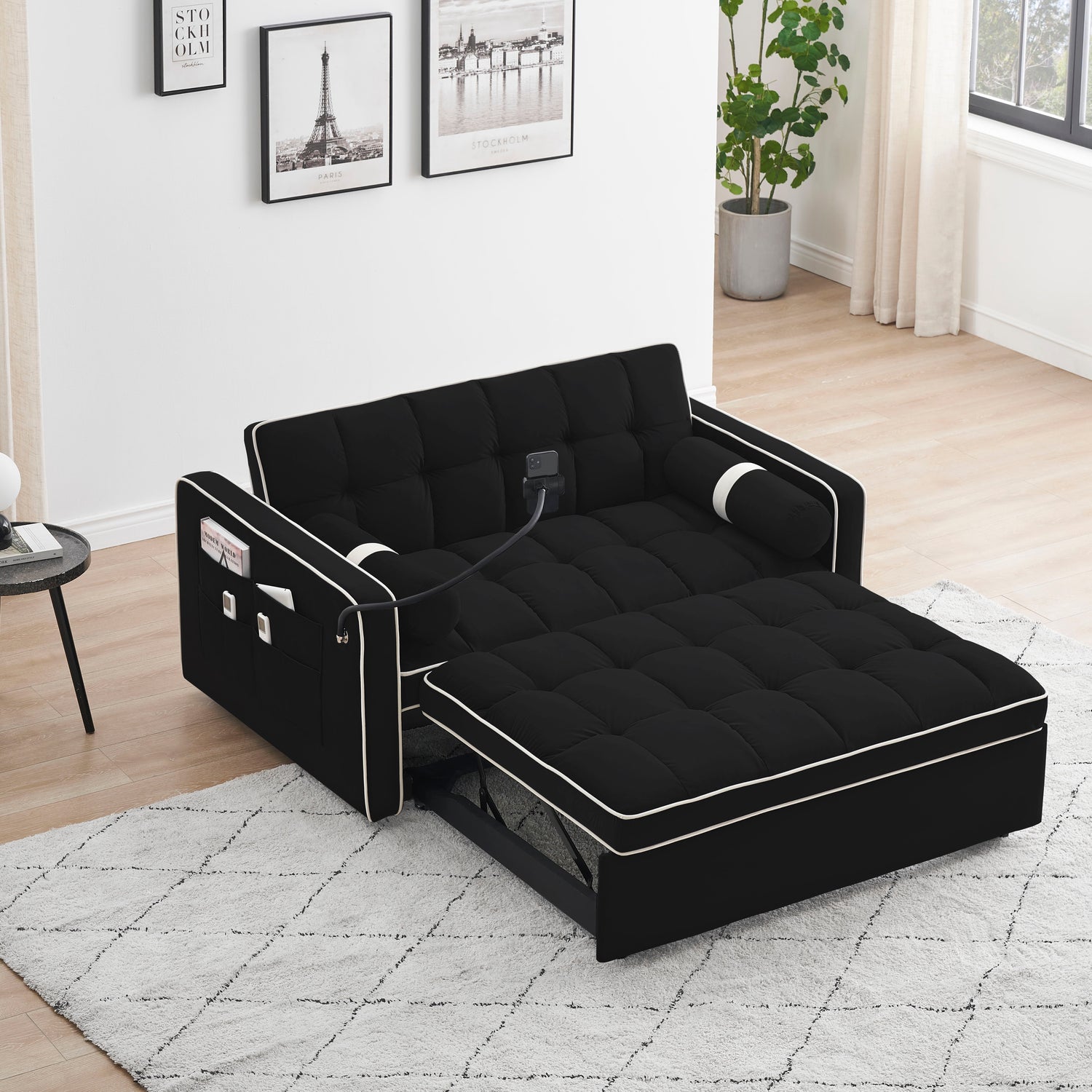 Modern Convertible Sleeper Sofa Couch With Pull Out Bed With Pillows &amp; Side Pockets For Small Space, Living Room