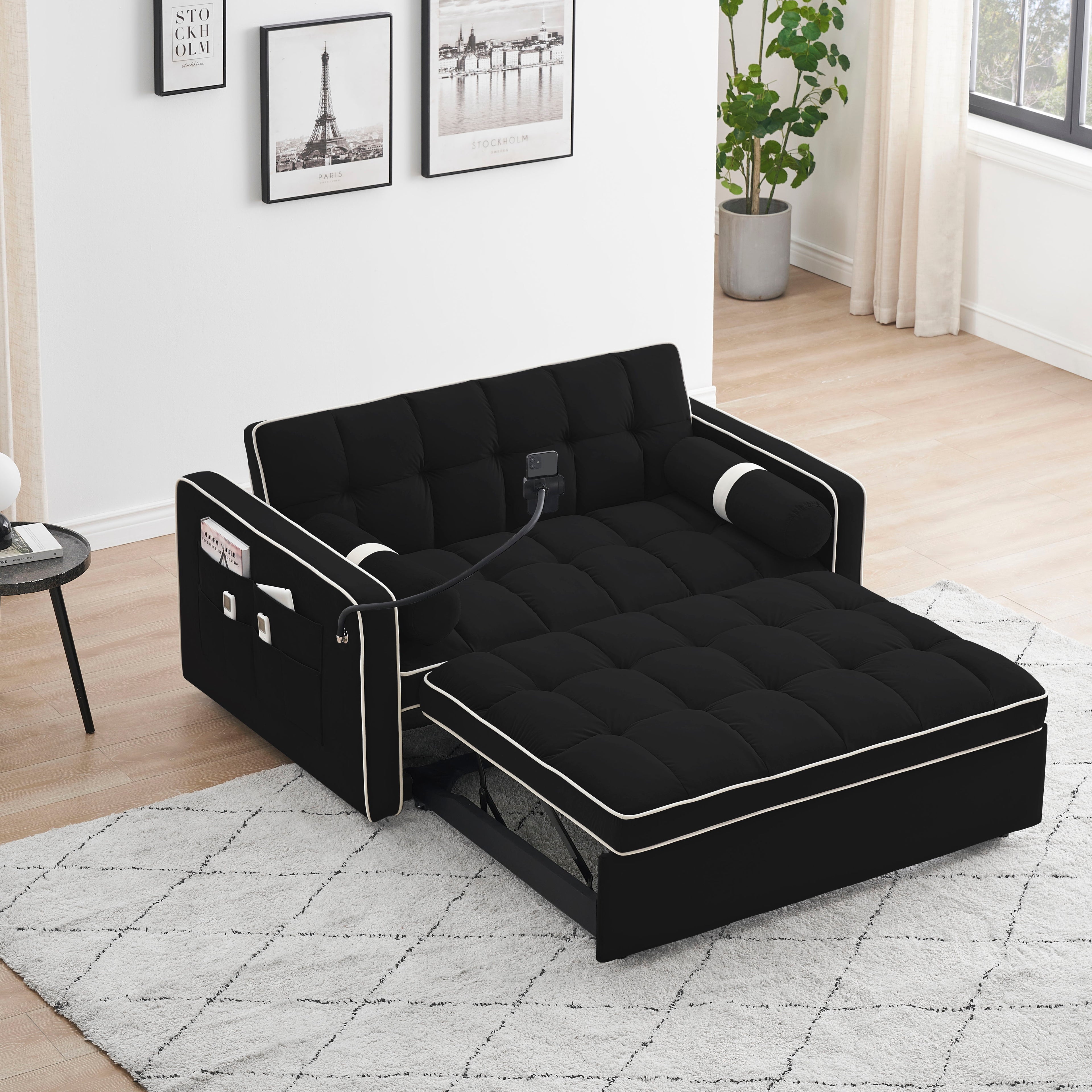 Modern Convertible Sleeper Sofa Couch With Pull Out Bed With Pillows &amp; Side Pockets For Small Space, Living Room