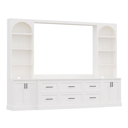 Arched Entertainment Center Wall Unit With 6 Drawers, Large TV Stand With Bookshelves