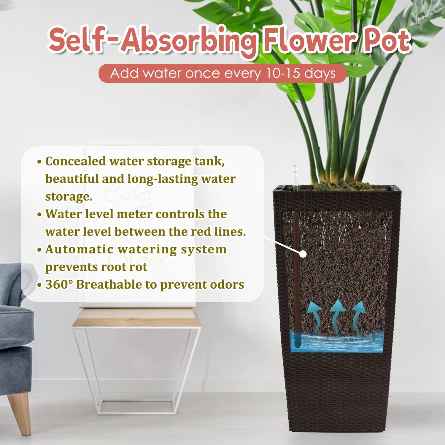 Large Self Watering Flower Pot With Drainage Holes &amp; Inner Tray