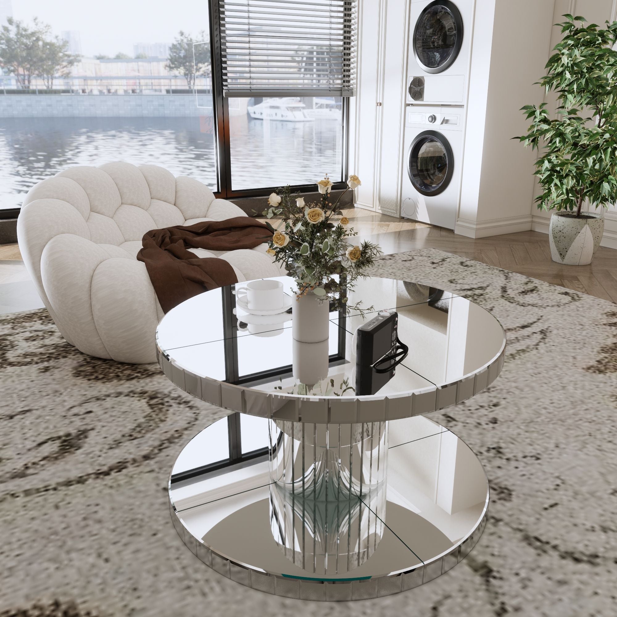 Luxury Double Tier Round Mirror Coffee &amp; End Table With Fluted Glass Modern Sofa Side Table - Silver / Glass
