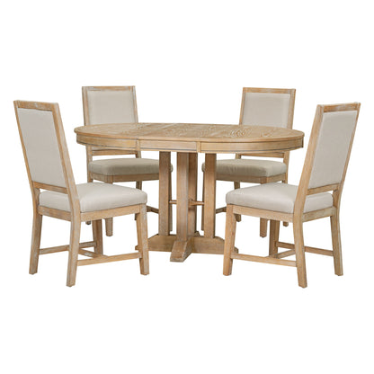 Dining Set &amp; Extendable Round Table And 4 Upholstered Chairs