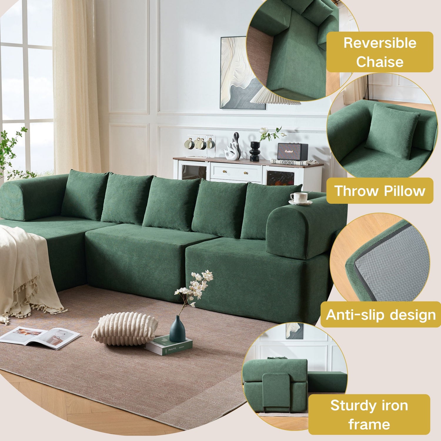Modular L-Shaped Sectional Sofa With Deep Seat, Movable Chaise &amp; 5 Pillows
