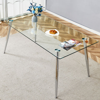Modern Rectangular Glass Dining Table For 4 - 6 People With Tempered Glass Countertop