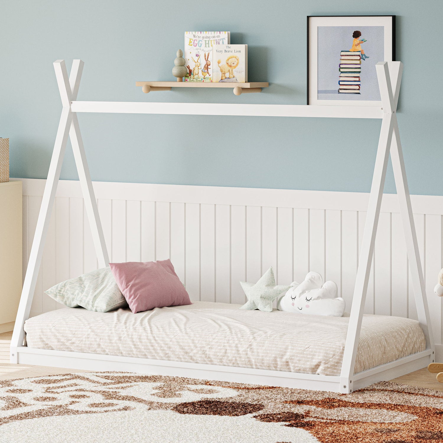 Wood Tent Bed For Kids, Montessori Style Low - Floor Bed, House-Shape Tent Bed Frame