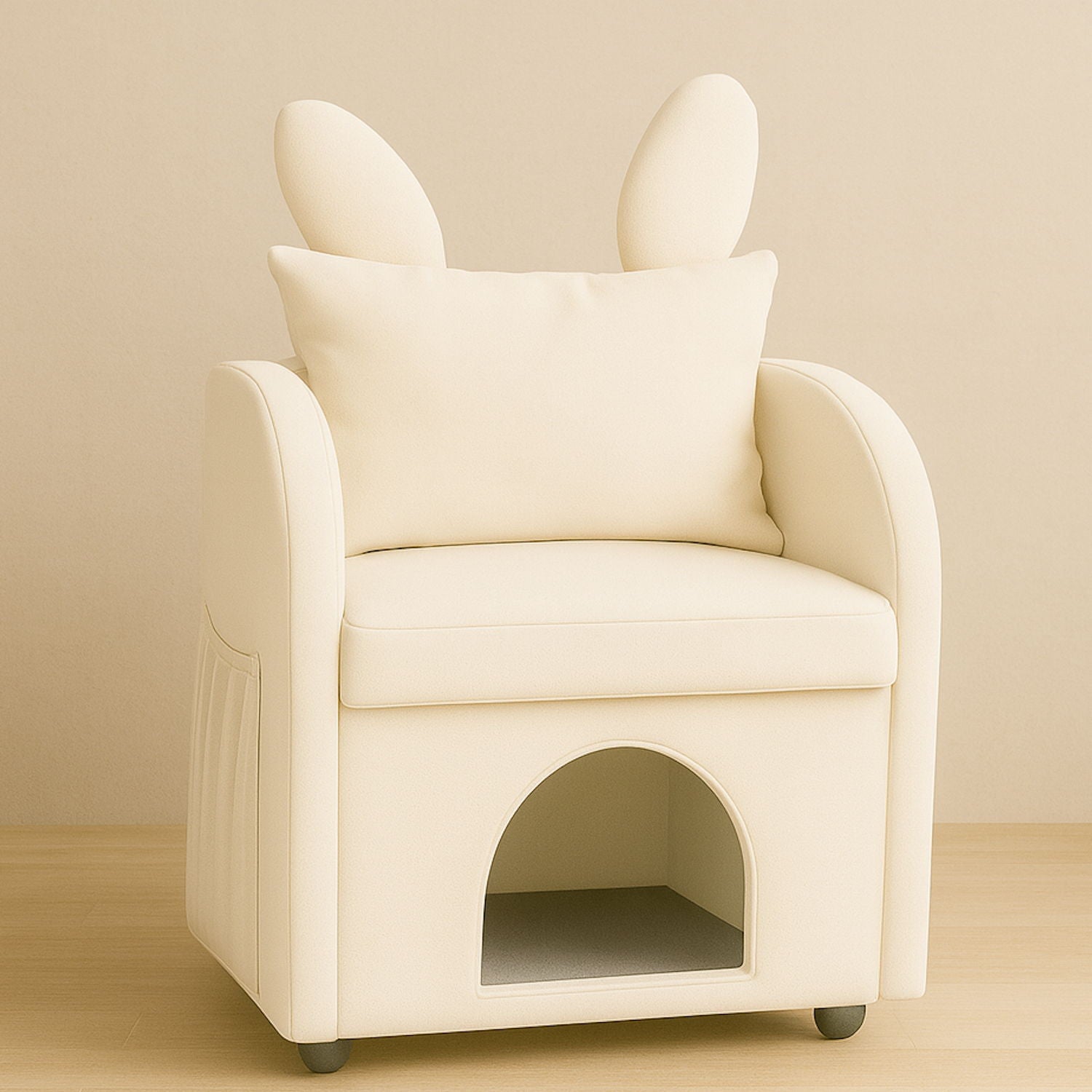 Bunny Ear Pet Friendly Armchair With Hidden Pet House With Storage Pocket For Bedroom &amp; Living Room - Beige