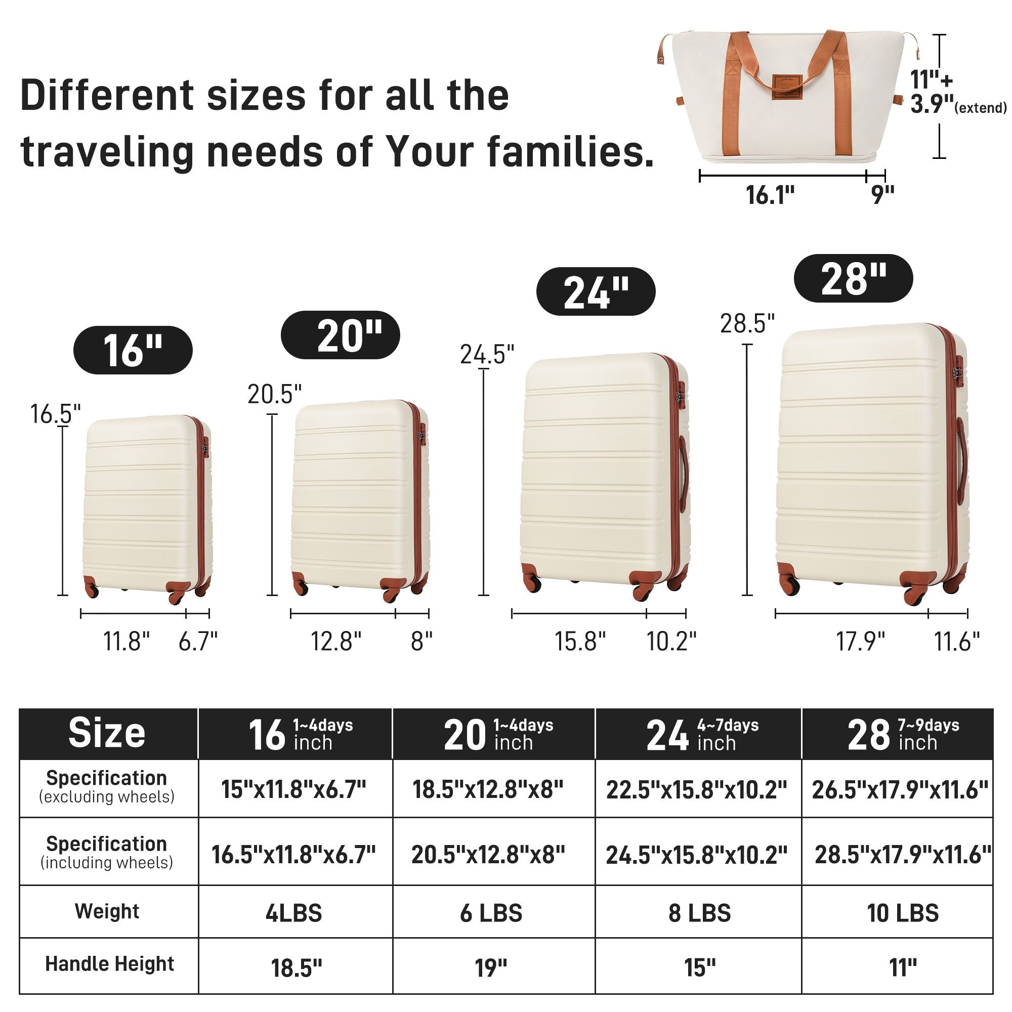 Hardshell Luggage Sets 4 Pieces + Bag Spinner Suitcase With Tsa Lock Lightweight - 16&quot; / 20&quot; / 24&quot; / 28&quot; Luggages
