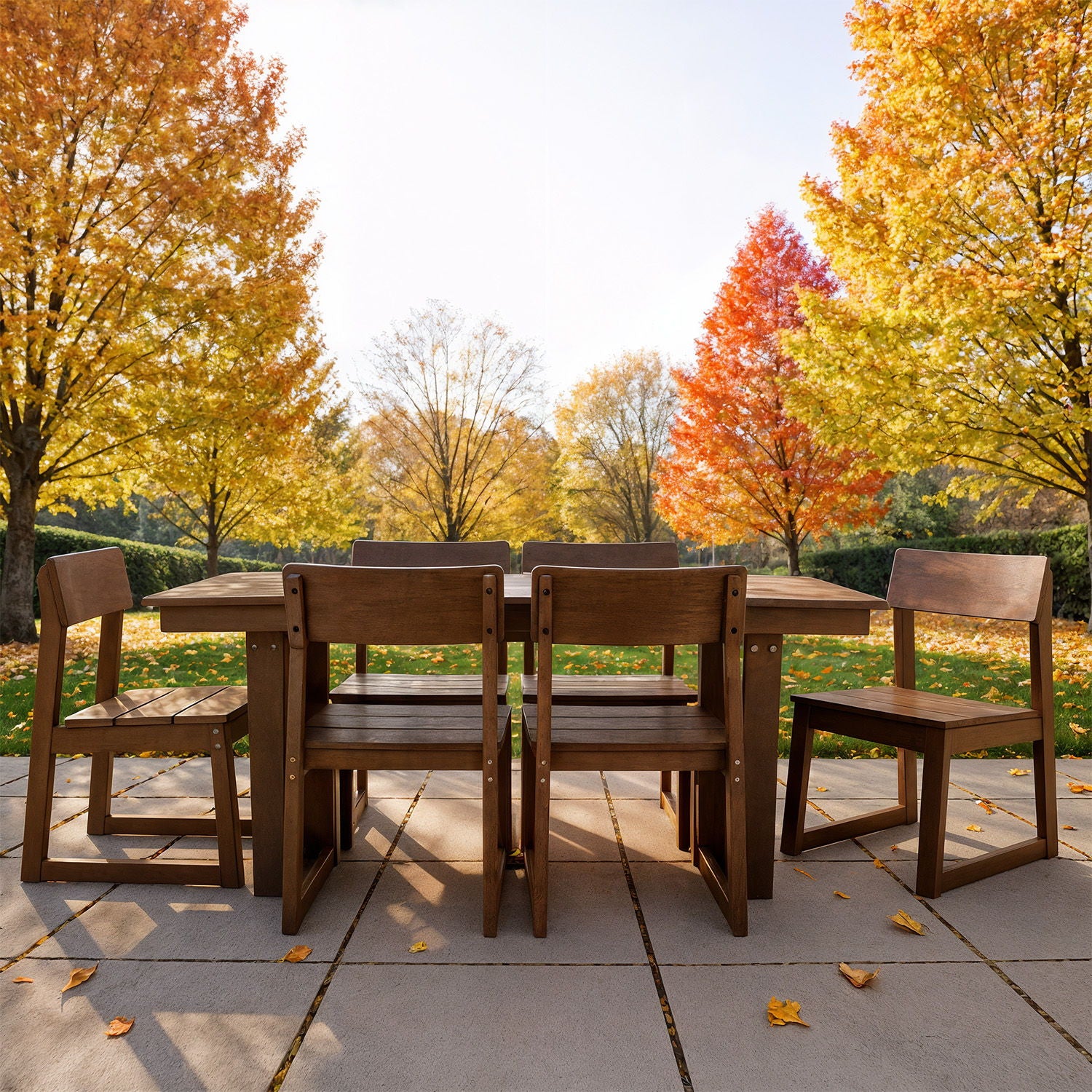 7 Piece Outdoor Dining Set For 6, Table With Umbrella Hole &amp; 6 Armless Chairs For Backyard - Brown