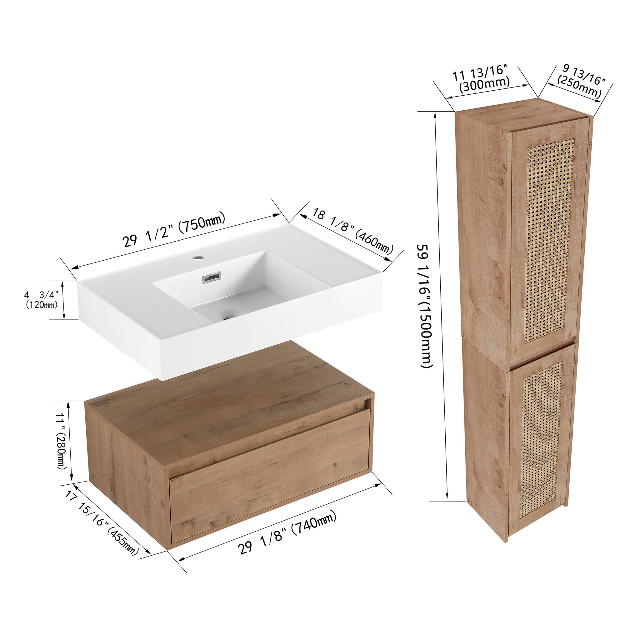 Modern Imitative Wall Mounted Bathroom Vanity With Resin Sink &amp; 2 Side Cabinet, Soft Close Drawer - Imitative Oak
