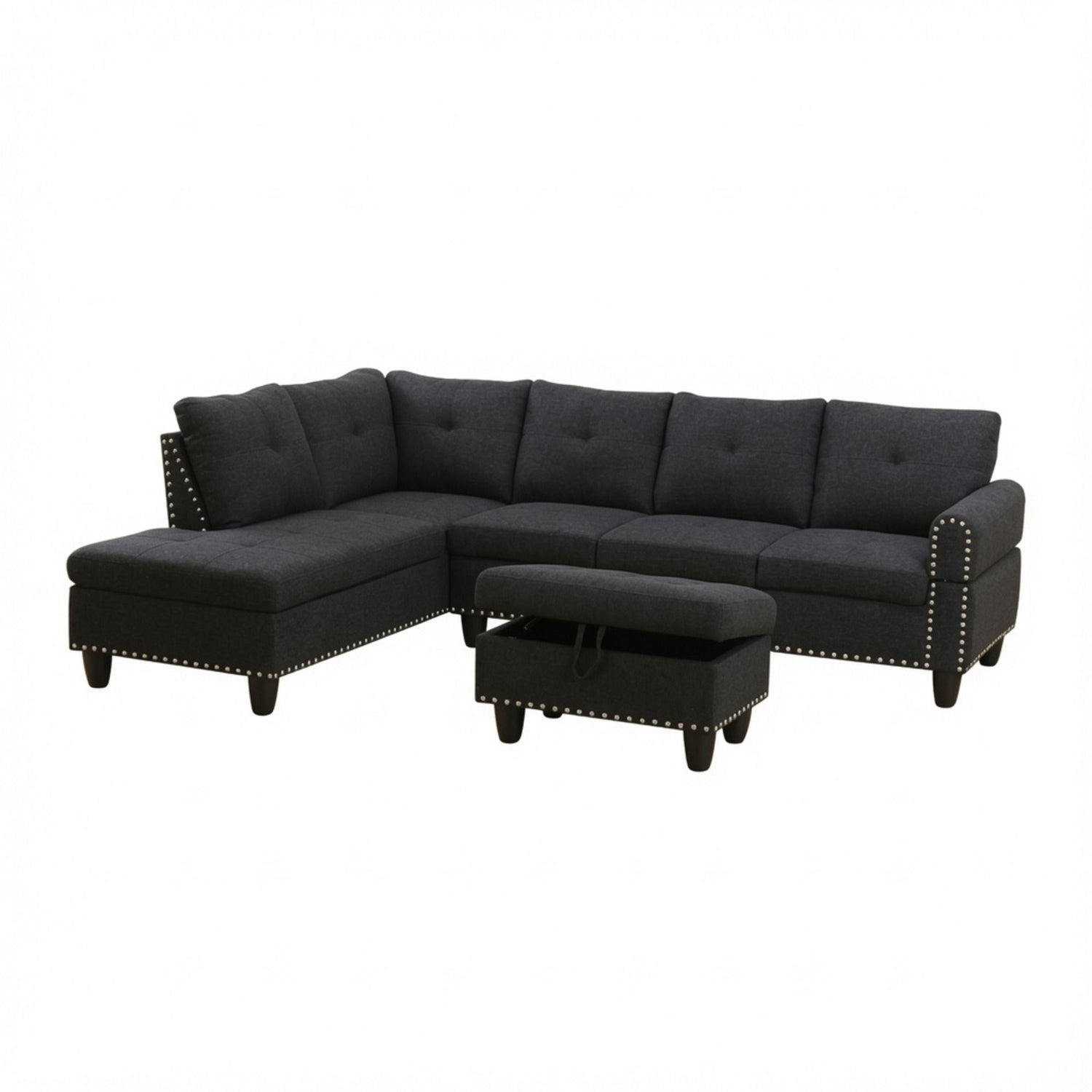 L - Shaped 3 Piece Sectional Sofa With Chaise, Storage Ottoman &amp; Cup Holders