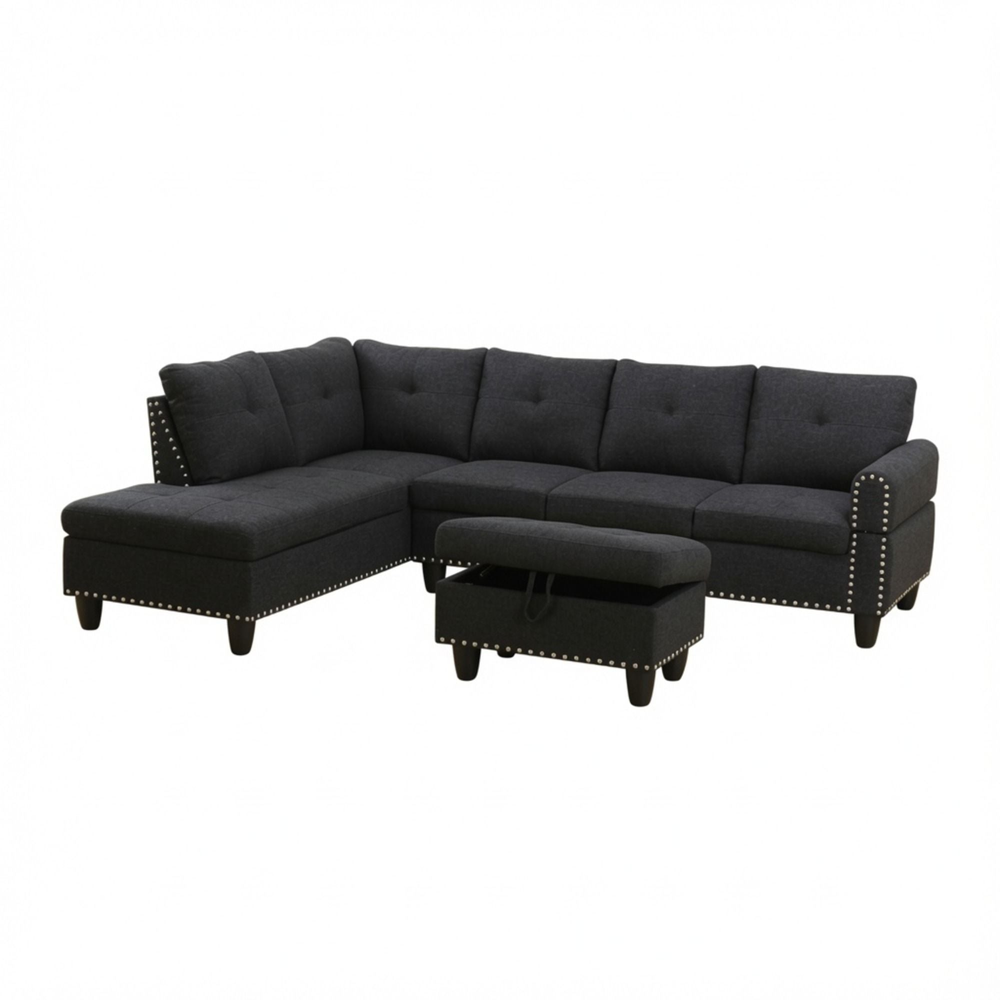 L - Shaped 3 Piece Sectional Sofa With Chaise, Storage Ottoman &amp; Cup Holders