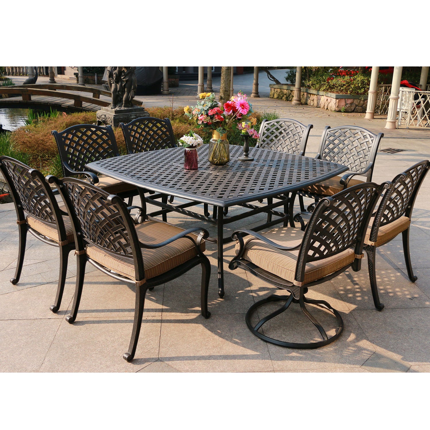 Square 8 Person 63.98&quot; Long Dining Set With Dupione Brown Cushions