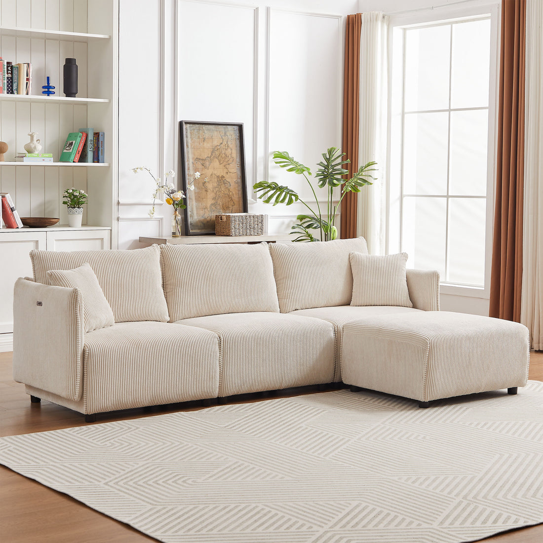 Modern Minimalist Corduroy Combination Sofa With 2 Comfort Cushions With USB &amp; C Charging Ports