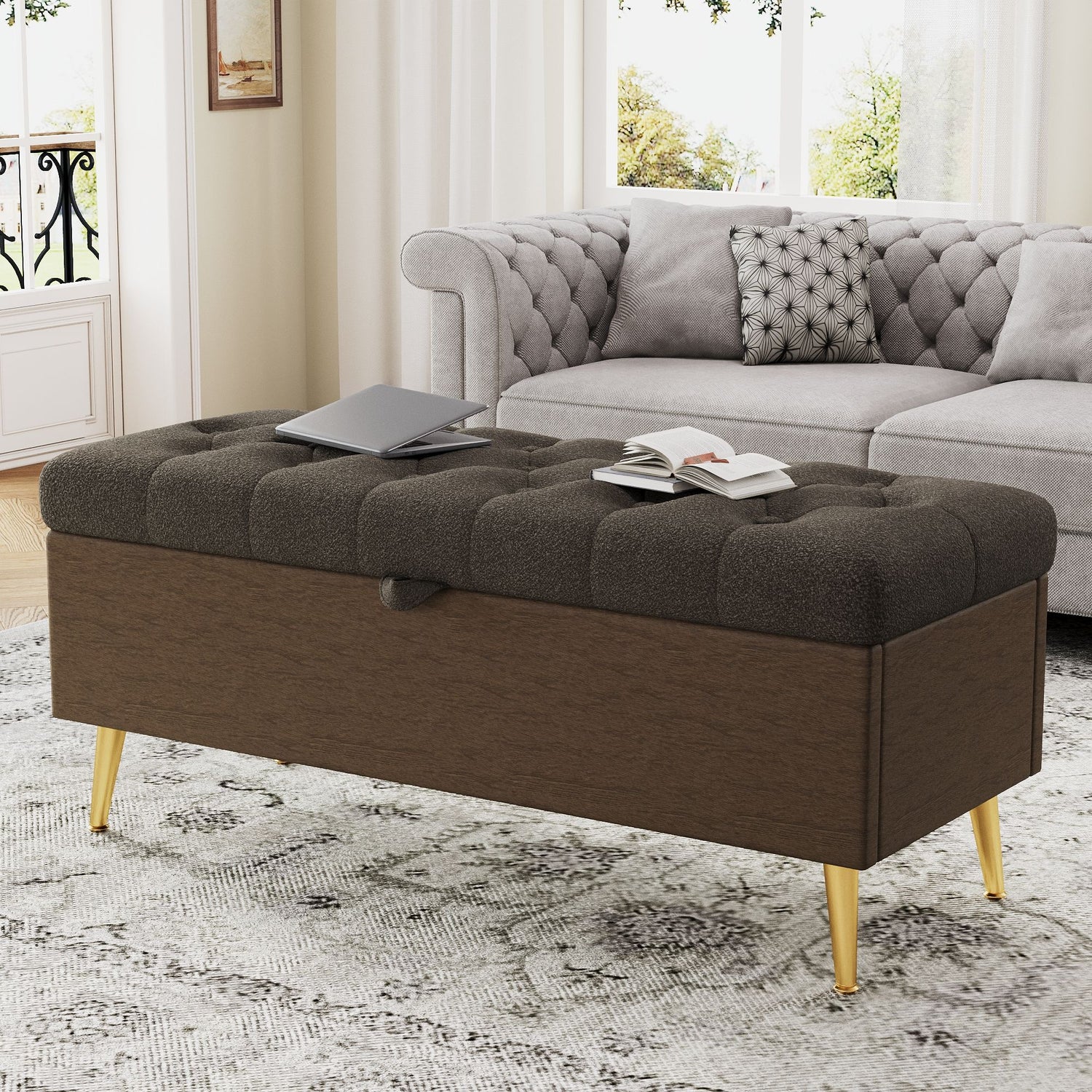 Modern Tufted Storage Ottoman Bench With Metal Legs