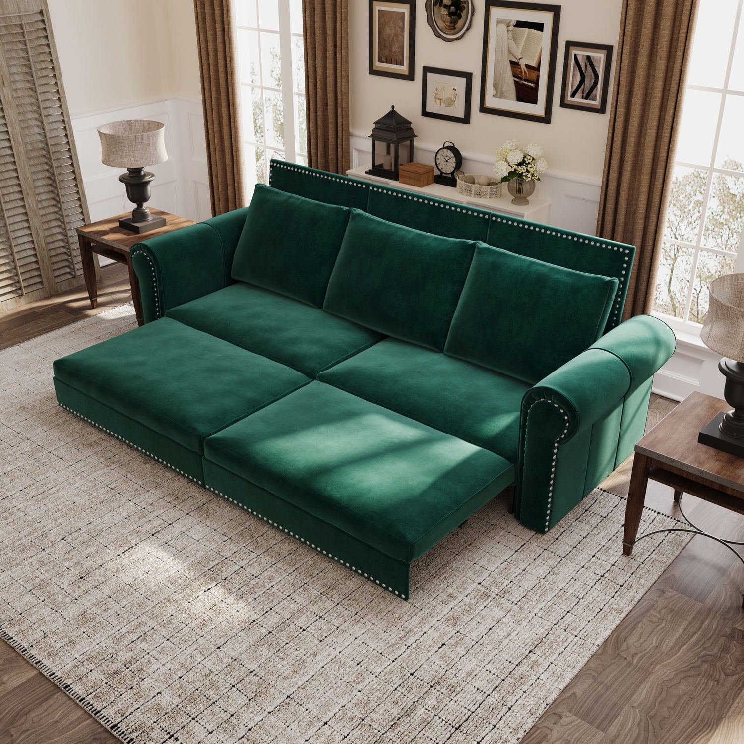 3 In 1 Convertible Sleeper Sofa With Nailhead Trim &amp; Rolled Arm
