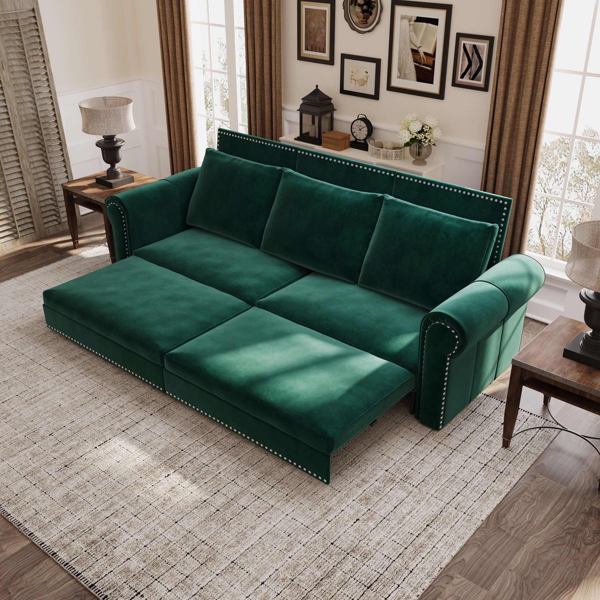 3 In 1 Convertible Sleeper Sofa With Nailhead Trim &amp; Rolled Arm
