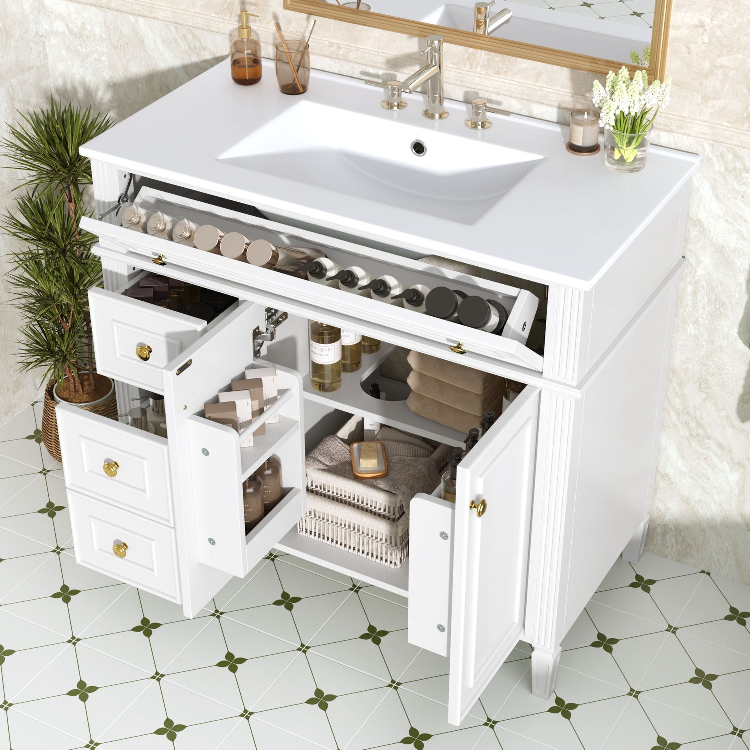Bathroom Vanity With Sink, 3 Drawers &amp; 2 Soft-Close Doors