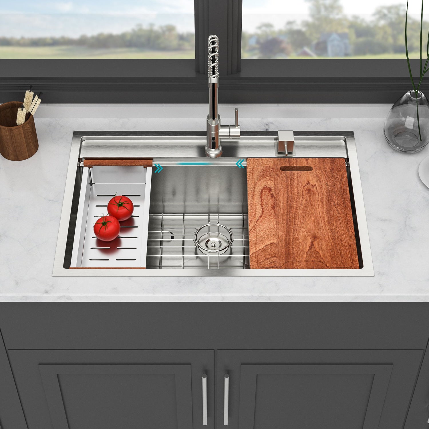 33&quot; Drop In Kitchen Sink With Workstation, 16 Gauge Stainless Steel - Brushed Nickel