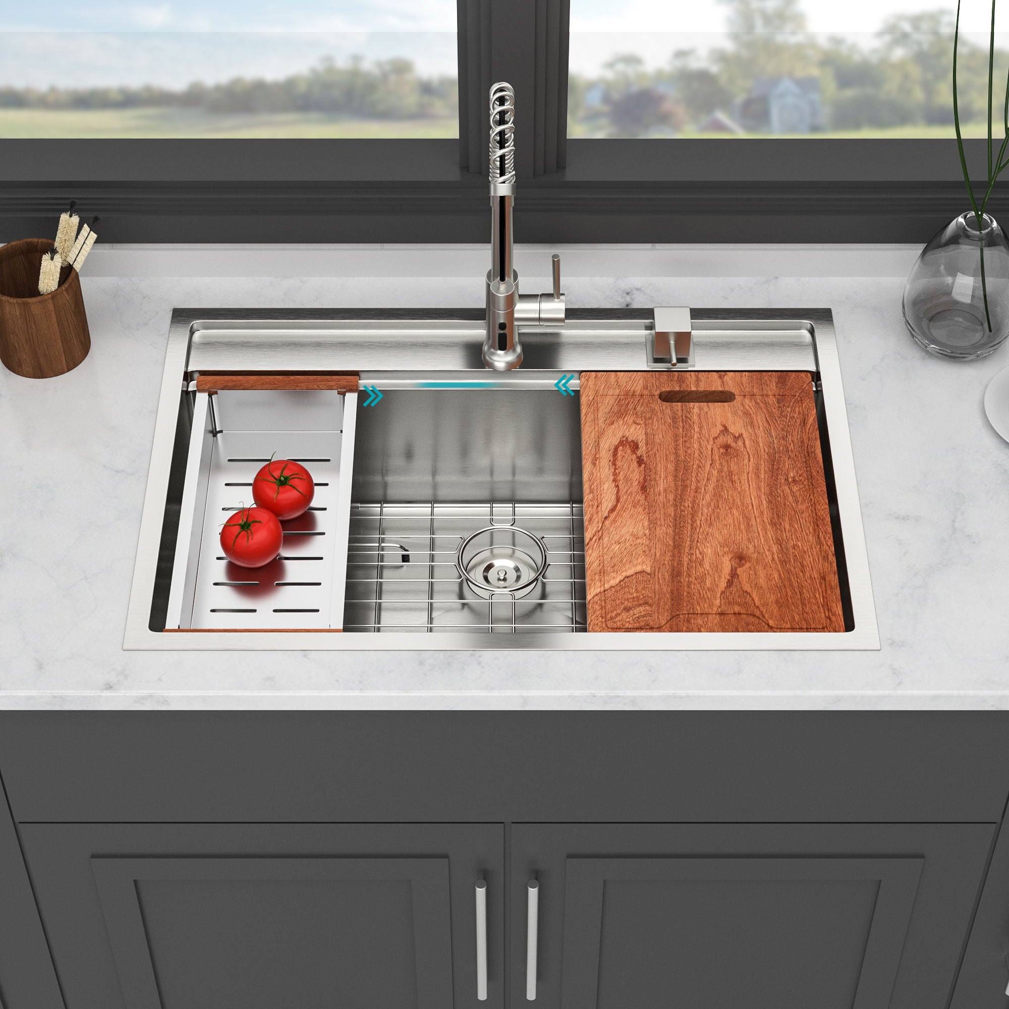 33&quot; Drop In Kitchen Sink With Workstation, 16 Gauge Stainless Steel - Brushed Nickel