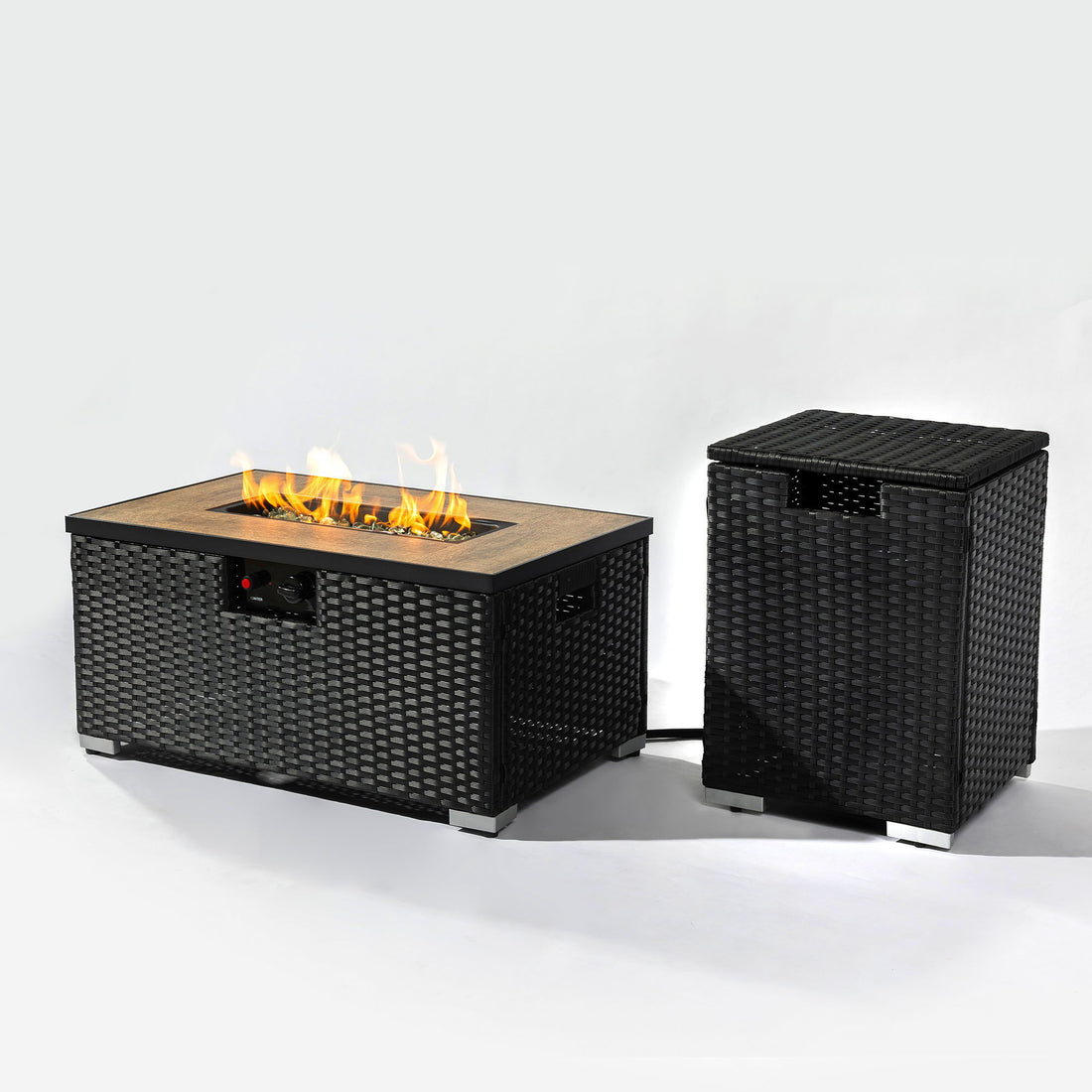 32&quot; Propane Gas Fire Pit Table With Propane Tank Cover, 50000 Btu Rectangular Steel Fire Pit With Beautiful Wicker Base
