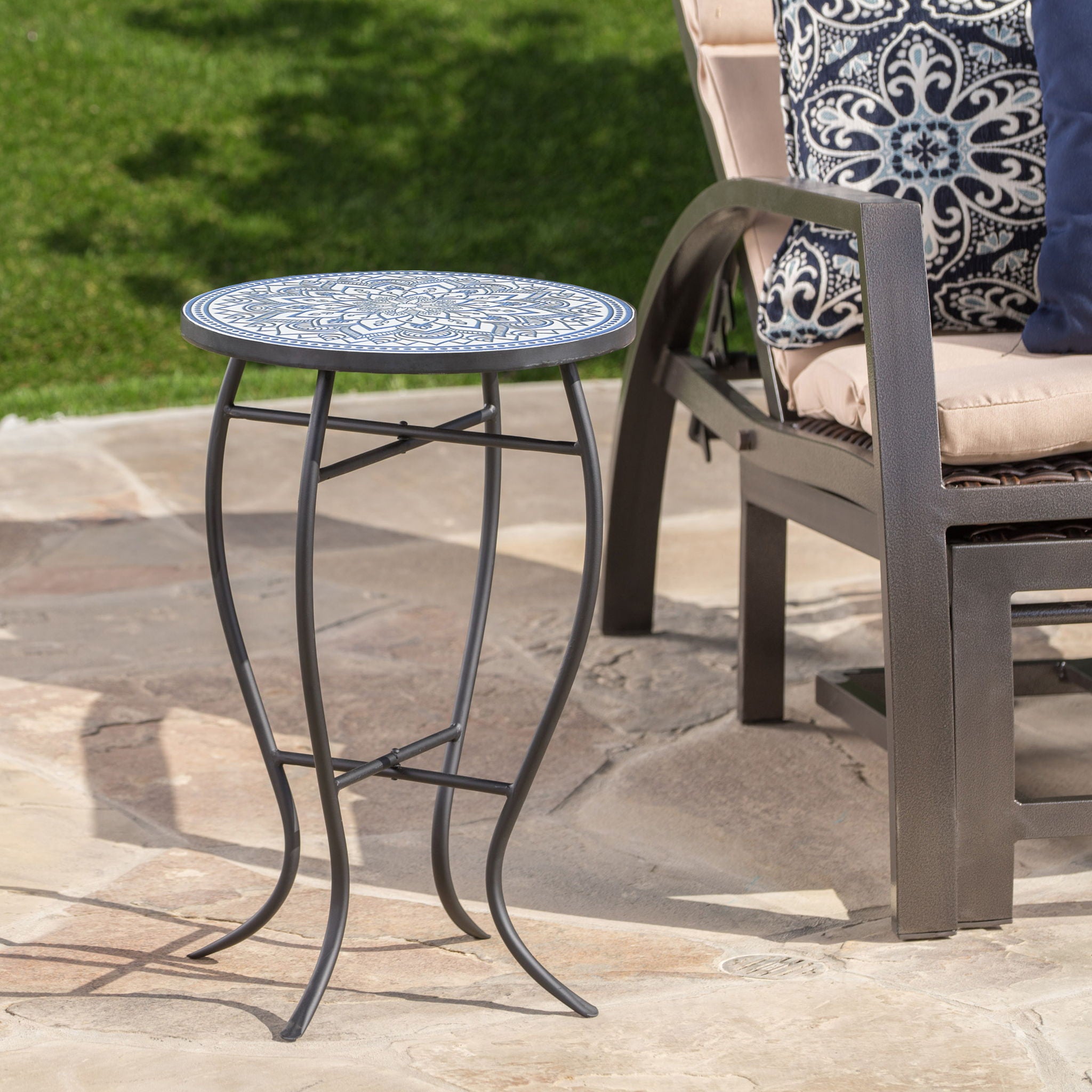 Outdoor Round Side Table With Mosaic Style Top And Curved Iron Legs