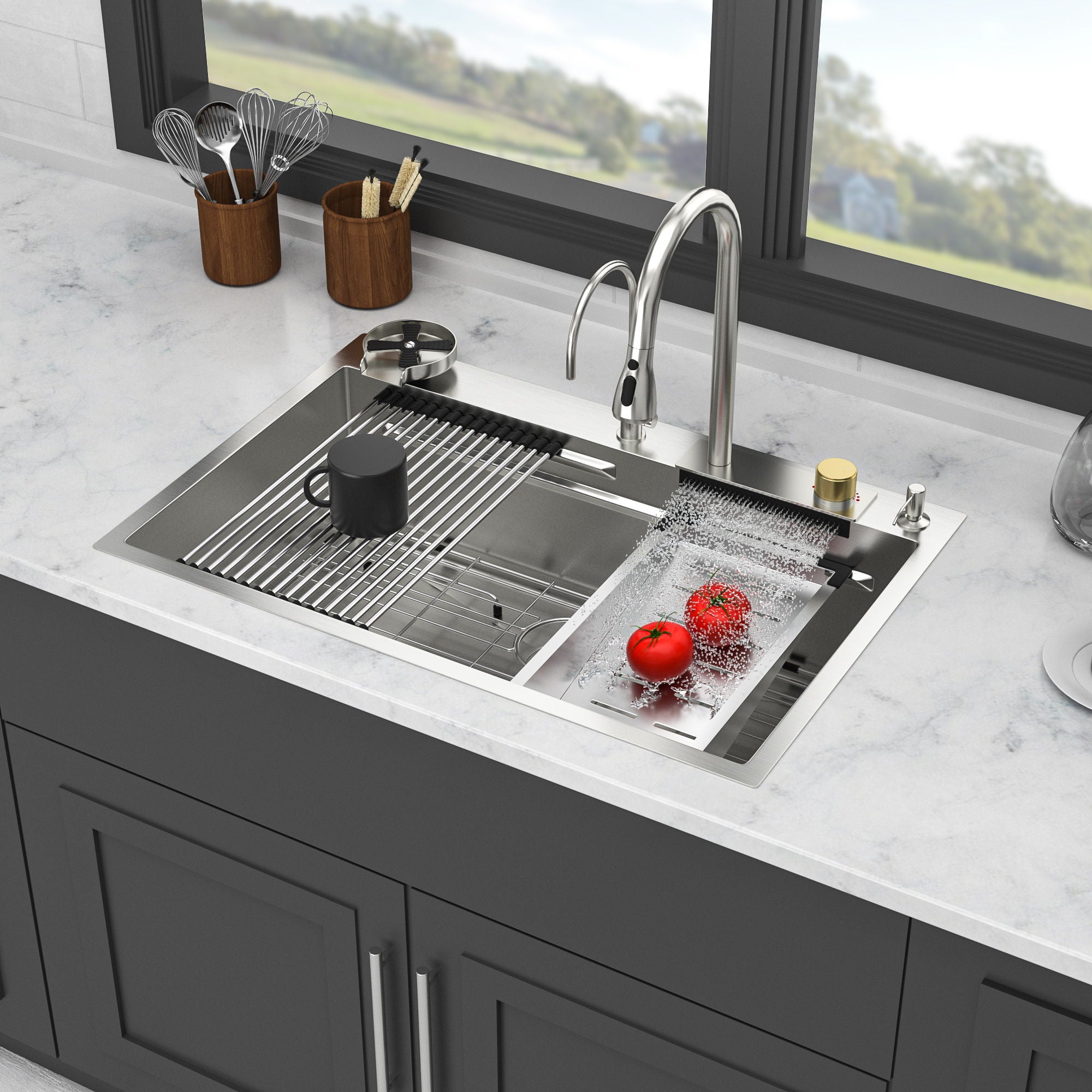 Waterfall Kitchen Sink With Pull Out Faucet &amp; Cup Washer