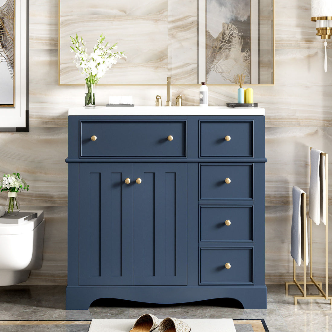 Bathroom Vanity With Resin Sink Combo, Frame Bathroom Storage Cabinet, Freestanding Vanity Set With 3 Drawers &amp; Adjustable Shelf - Blue