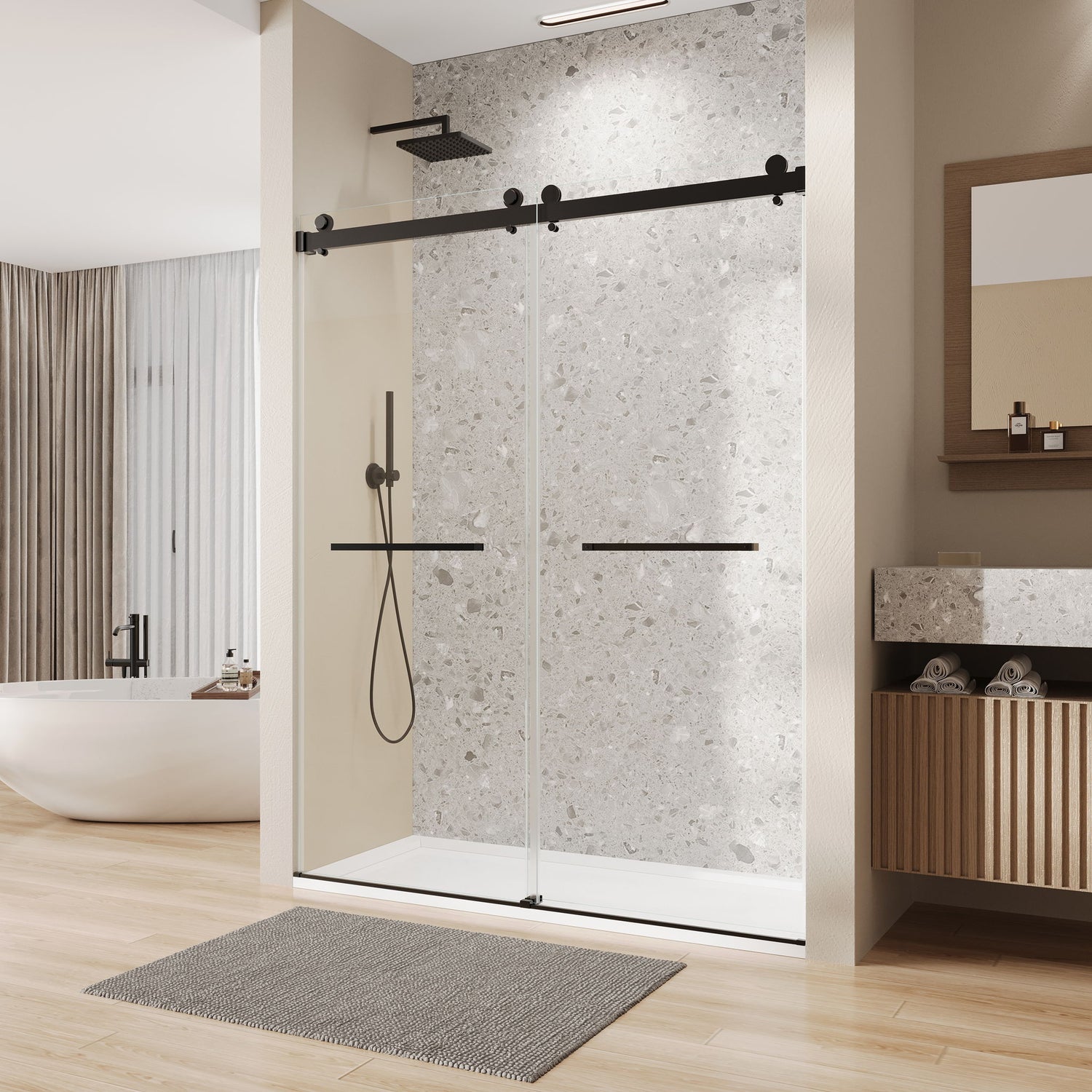 Frameless Double Sliding Soft Close Bathtub Shower Door, 5 / 16&quot; Clear Nano Coated Tempered Glass And 304 Stainless Steel Handle - Matte Black
