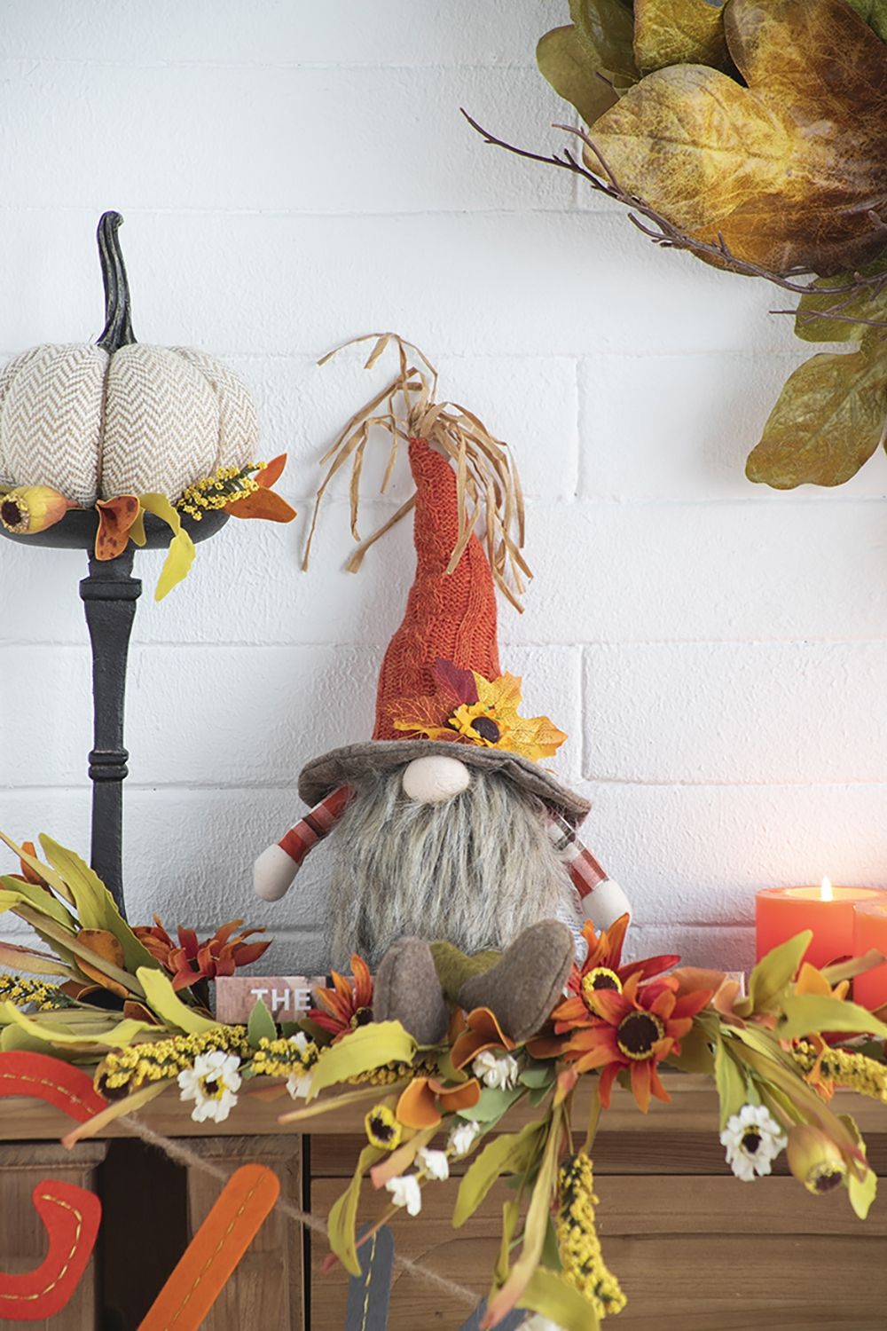 Sitting Gnome With Maple Leaf On Hat, For Holiday Harvest Festival Fall Festival &amp; Thanksgiving Table Decorations (Set of 2) - Orange Multi