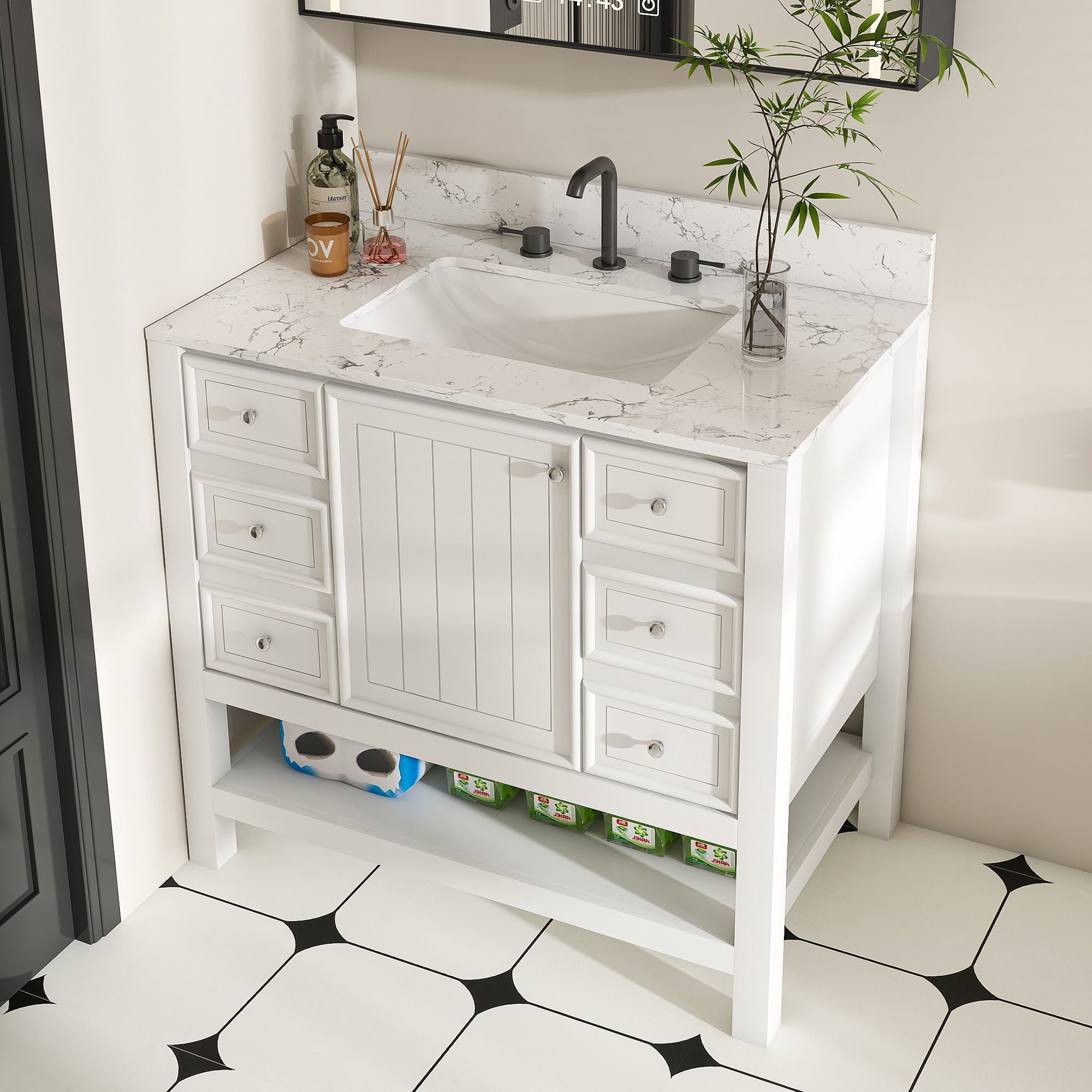 37&quot; Bathroom Vanity With Artificial Marble Carrara Top, Multi Functional Cabinet With Doors And Drawer - White