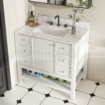37&quot; Bathroom Vanity With Artificial Marble Carrara Top, Multi Functional Cabinet With Doors And Drawer - White