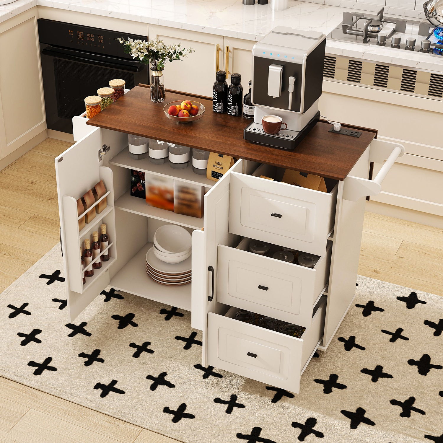 Kitchen Island Cart With Foldable Tabletop &amp; Drop Leaf Mobile Breakfast Bar With Wood Top And Storage - White / Walnut
