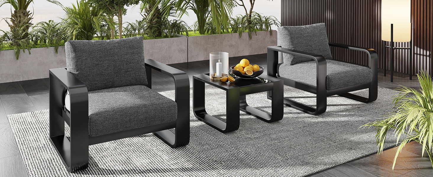 3 Piece Aluminum Frame Patio Furniture With 6.7&quot; Thick Cushion And Coffee Table, All Weather Use Olefin Fabric Outdoor Chair - Gray / Black