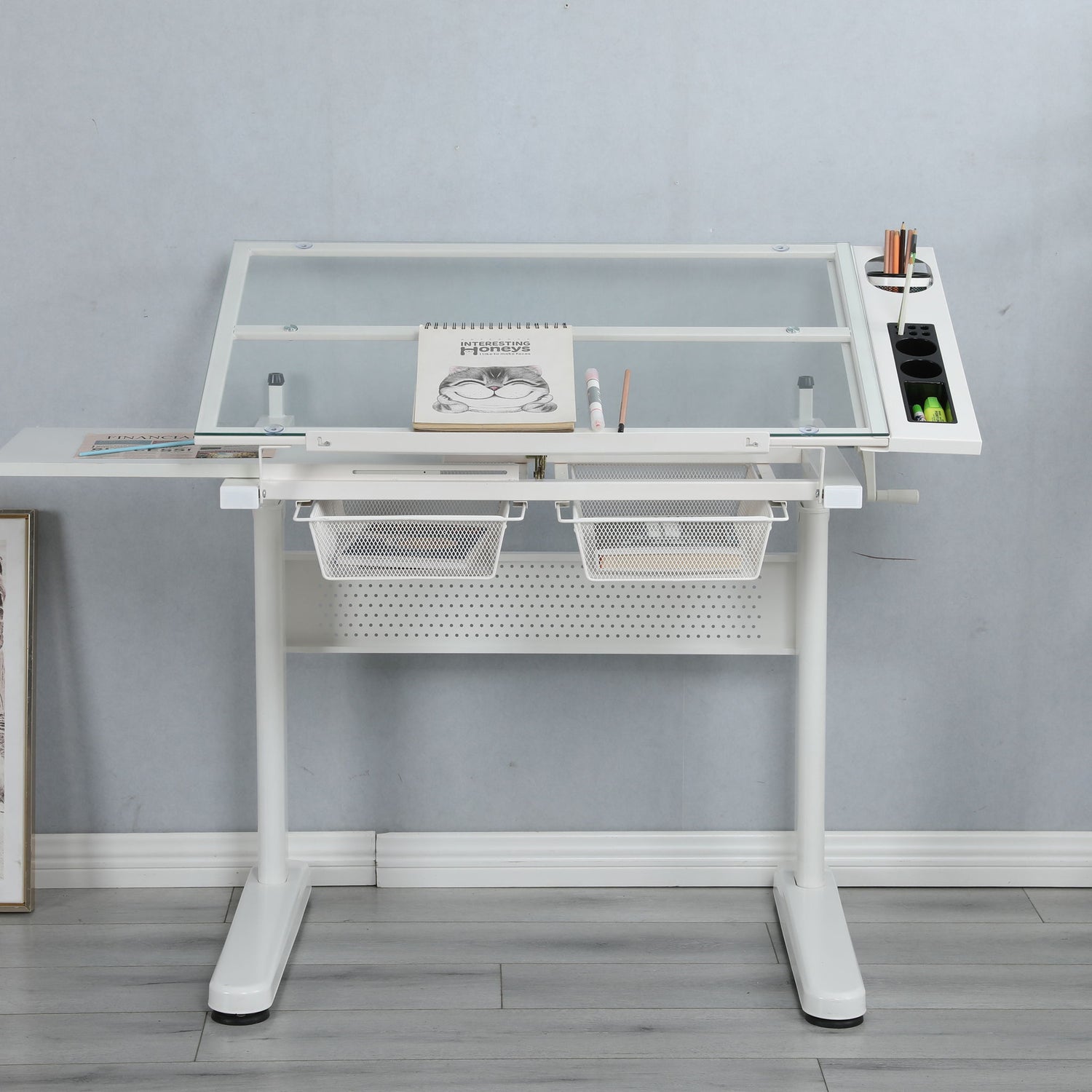 38.18" Hand Crank Adjustable Drafting Table Drawing Desk With 2 Metal Drawers With Stool