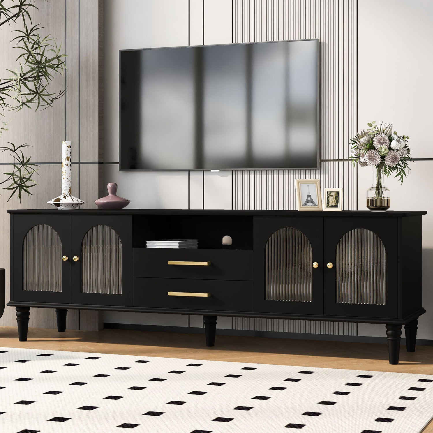 TV Stand For TVs Up To 75", Entertainment Center Media Console For Living Room - Black