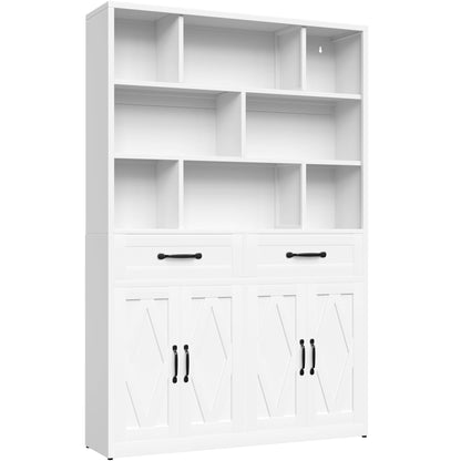 Bookcase Tall With 2 Doors &amp; 2 Drawers, Fixed Open Shelves - White