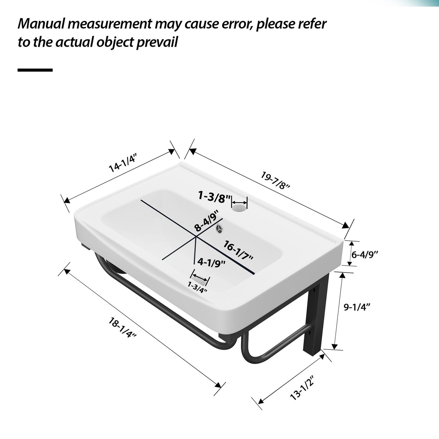 Wall Mounted Rectangular Bathroom Sink With 304 Stainless Steel Towel Bar &amp; Overflow - White