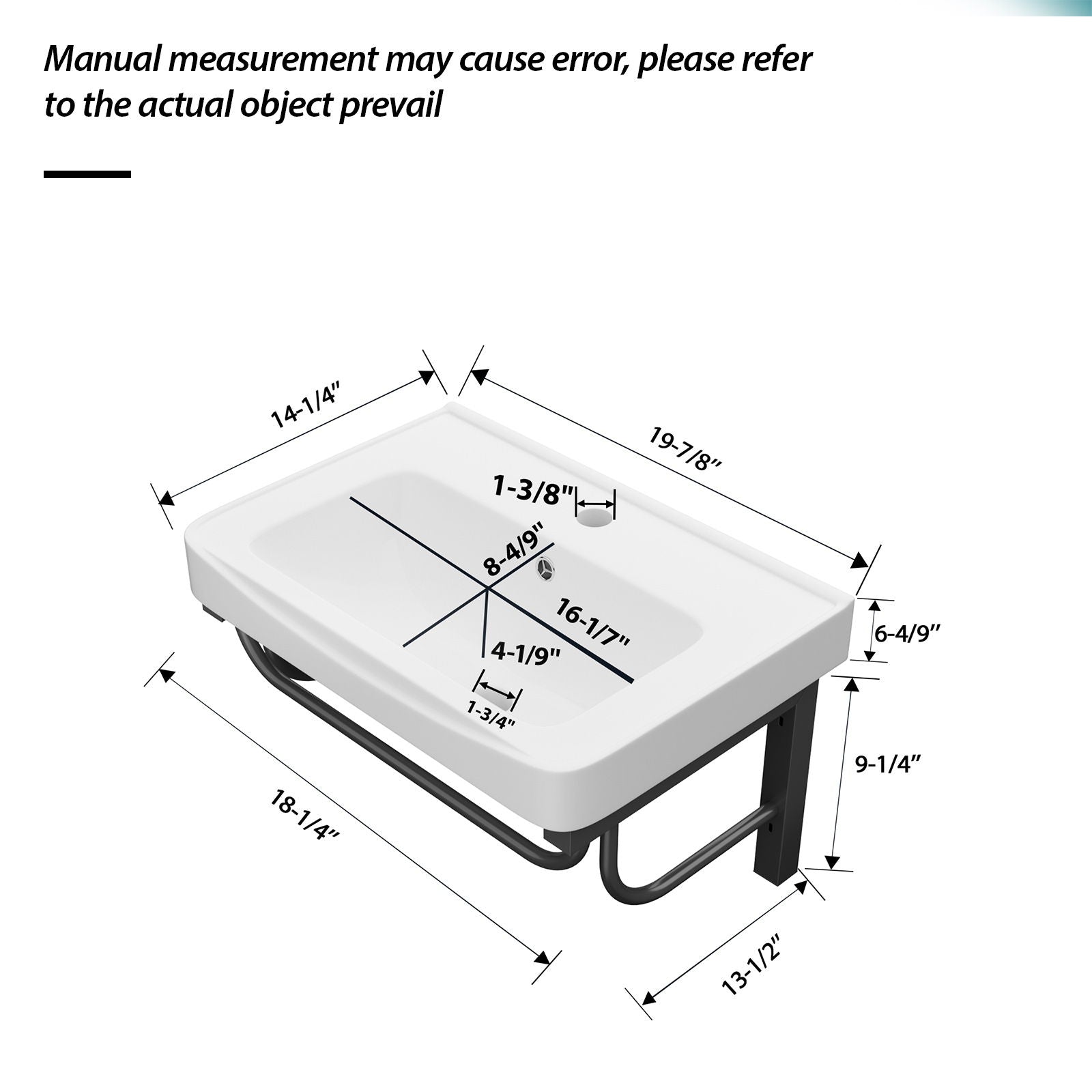 Wall Mounted Rectangular Bathroom Sink With 304 Stainless Steel Towel Bar &amp; Overflow - White