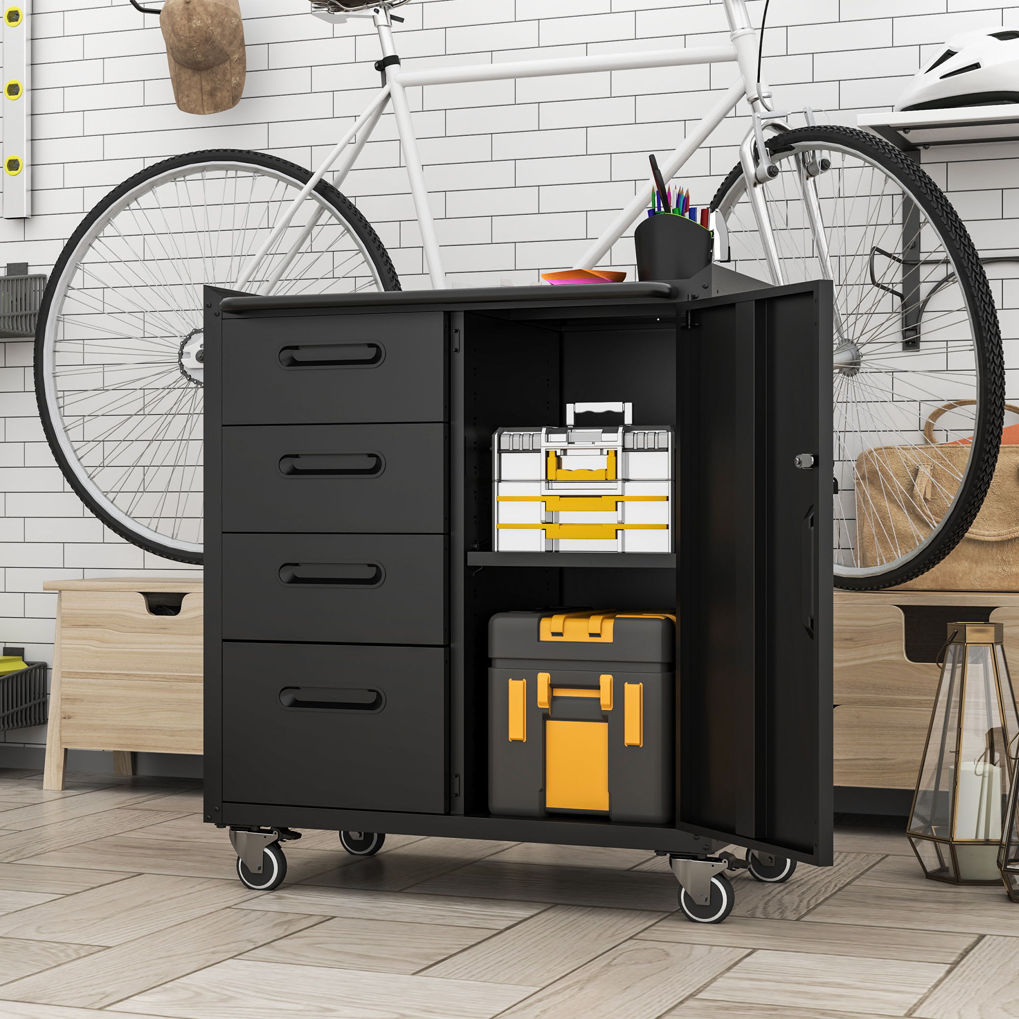 Sturdy Metal Tool Storage Cabinet With Wheels Durable Garage, Office &amp; Home Organizer Steel