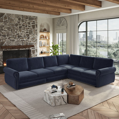 L-Shaped Sofa Couch With Pull Out Bed With Nailhead Trim &amp; Rolled Arm