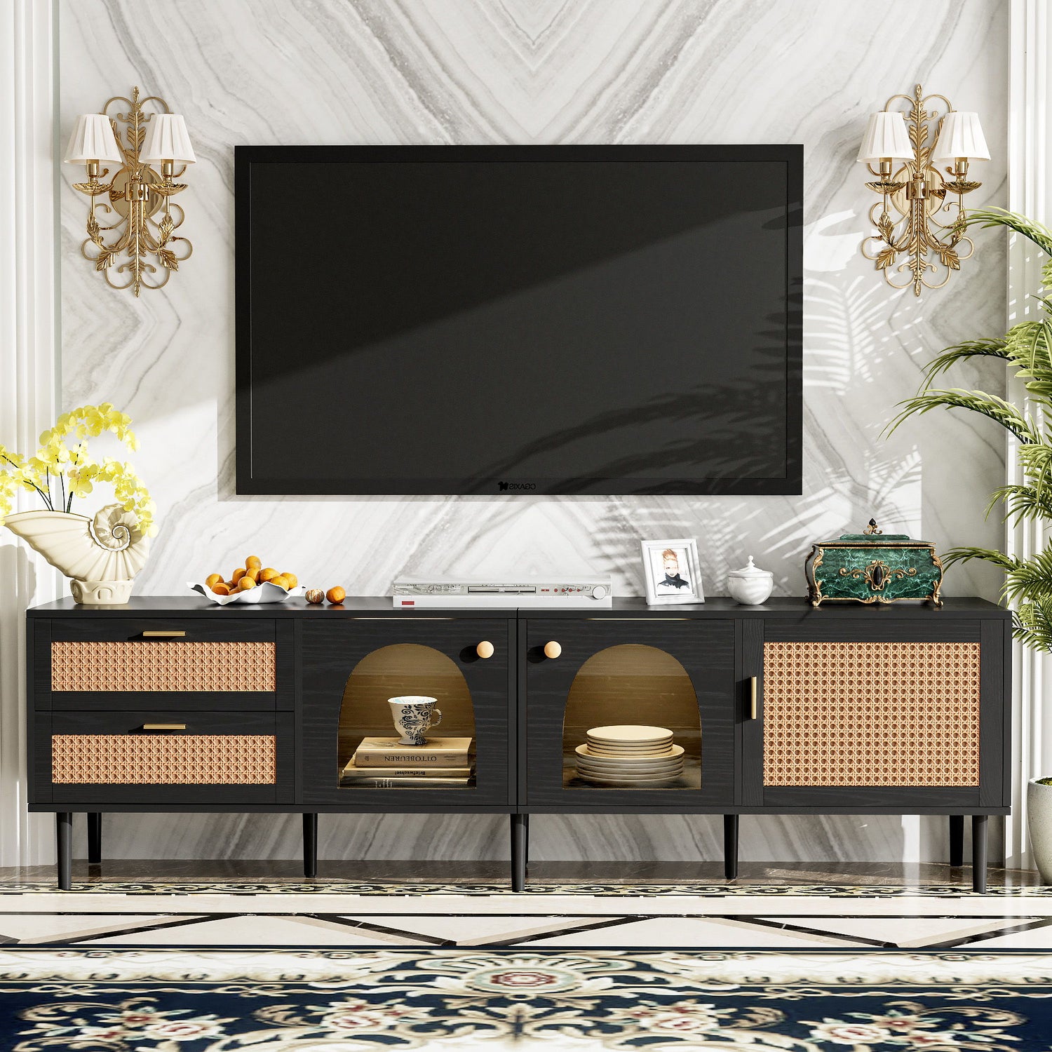 Rattan TV Stand With 3 Cabinets &amp; 2 Drawers, Rattan-Inspired Media Console Table For Tvs Up To 80&
