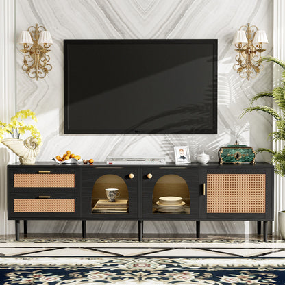 Rattan TV Stand With 3 Cabinets &amp; 2 Drawers, Rattan-Inspired Media Console Table For Tvs Up To 80&