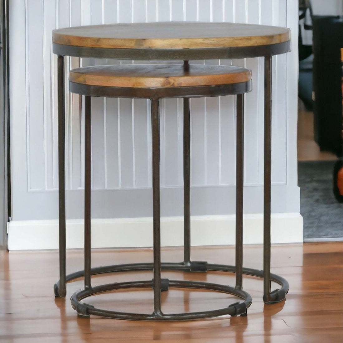 Round Stool Table With Iron Base (Set of 2) - Brown / Black