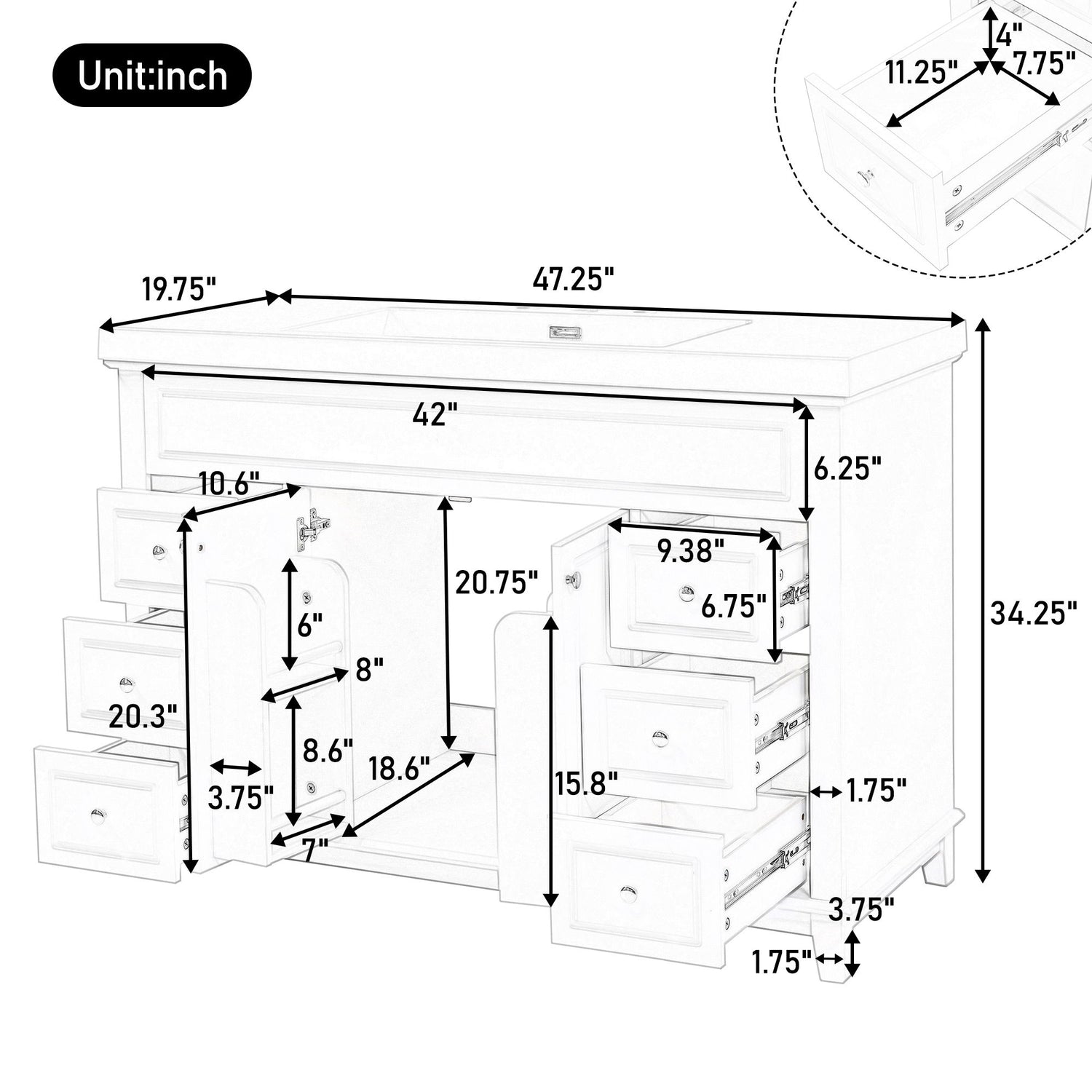 Bathroom Vanity With Sink, 6 Soft Close Drawers &amp; Double Doors - White