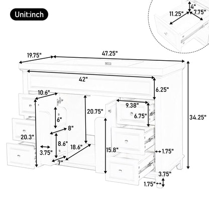 Bathroom Vanity Cabinet Only, 6 Soft Close Drawers &amp; Double Doors With 2 Tier Shelves - White