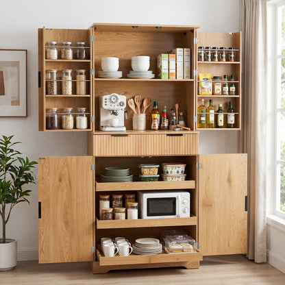Fluted Kitchen Pantry Cabinet With 3 Keyboard Drawers &amp; 6 Door Shelves Adjustable