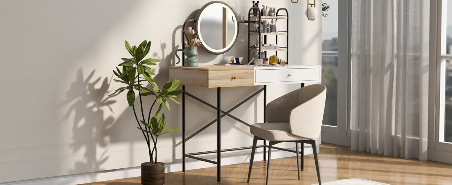 Makeup Vanity Desk With 3-Mode Lighted Mirror &amp; Wireless Charging Station, Vanity Table With Drawer &amp; 3 Open Shelves For Ample Storage Space, Dressing Table For Bedroom