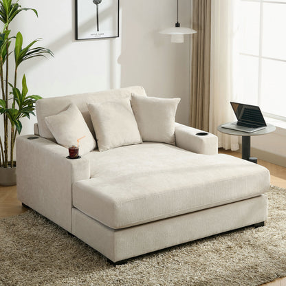 Oversized Chaise Lounger Modern Style Sofa Couch, With Pillows, Charge Station &amp; Cup Holders